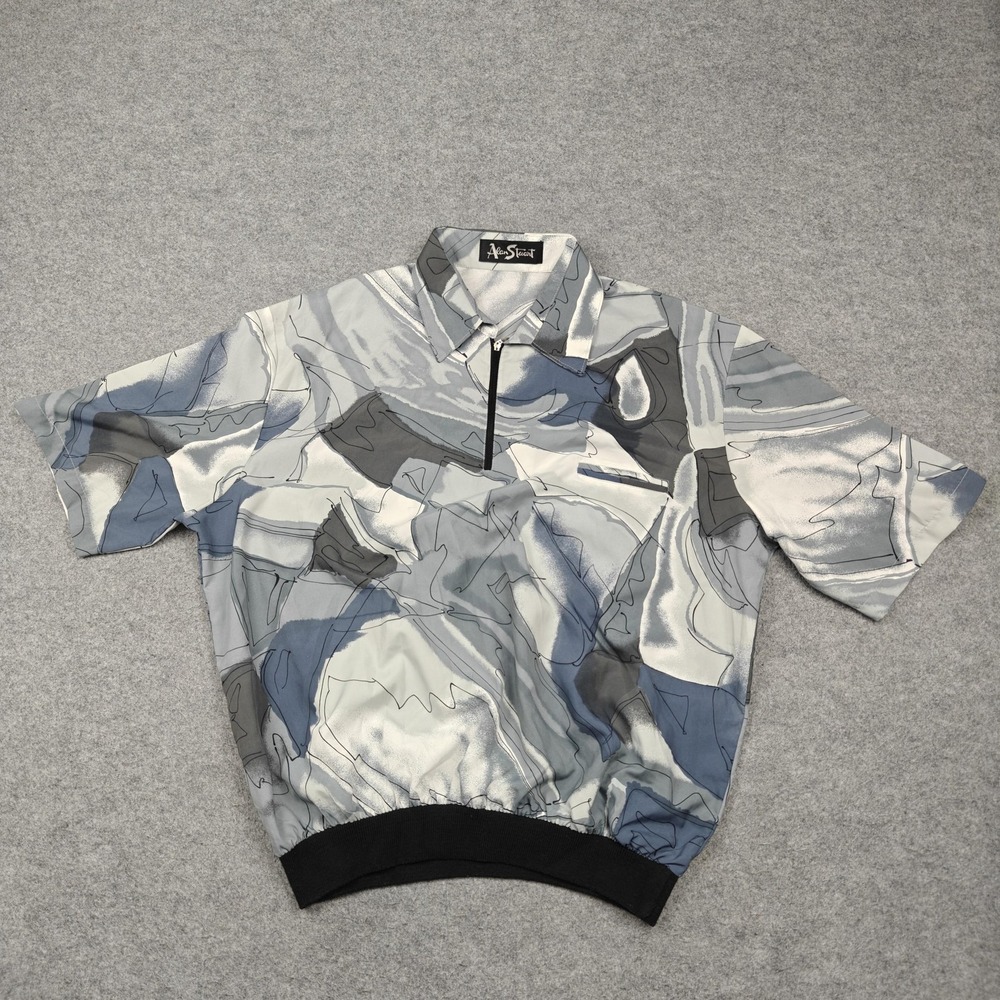 Vintage Alan Stuart Shirt Mens Large Gray Abstract Graphic Short Sleeve Zip